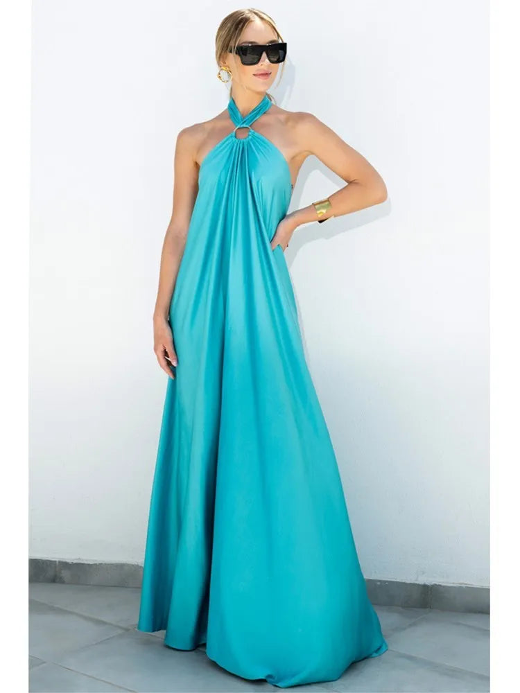 Party Dresses For Women Loose Halter Neck Leace-up Backless Sexy Satin Evening Dress A-line Summer New Fashion Elegant Vacation