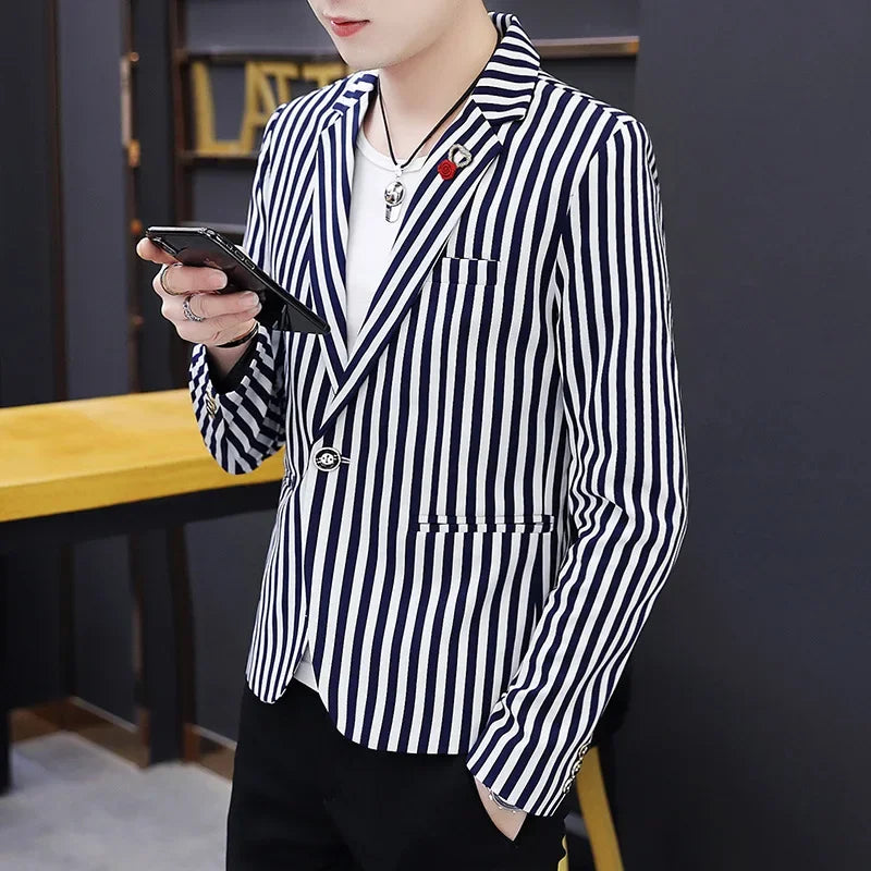 Mens Blazer Jacket 2022 New Suit Male Casual Korean Style Trendy Slim Striped Student Small Suit Jacket Hair Stylist Single Top