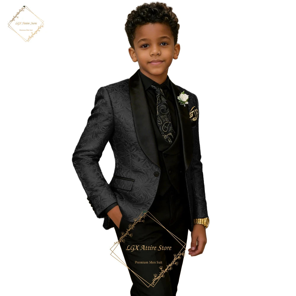 Boys' 3-Piece Suit – Champagne Jacquard Blazer with Black Shawl Lapel, Black Waistcoat & Trousers for Weddings & Events