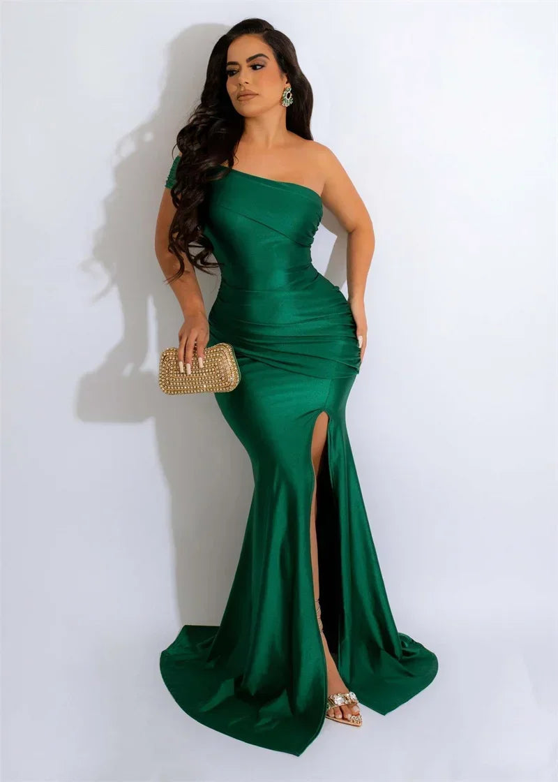 Elegant One Shoulder Split Mermaid Long Dresses for Women Evening Night Party Sleeveless Ruched Formal Prom Wedding Guest Dress