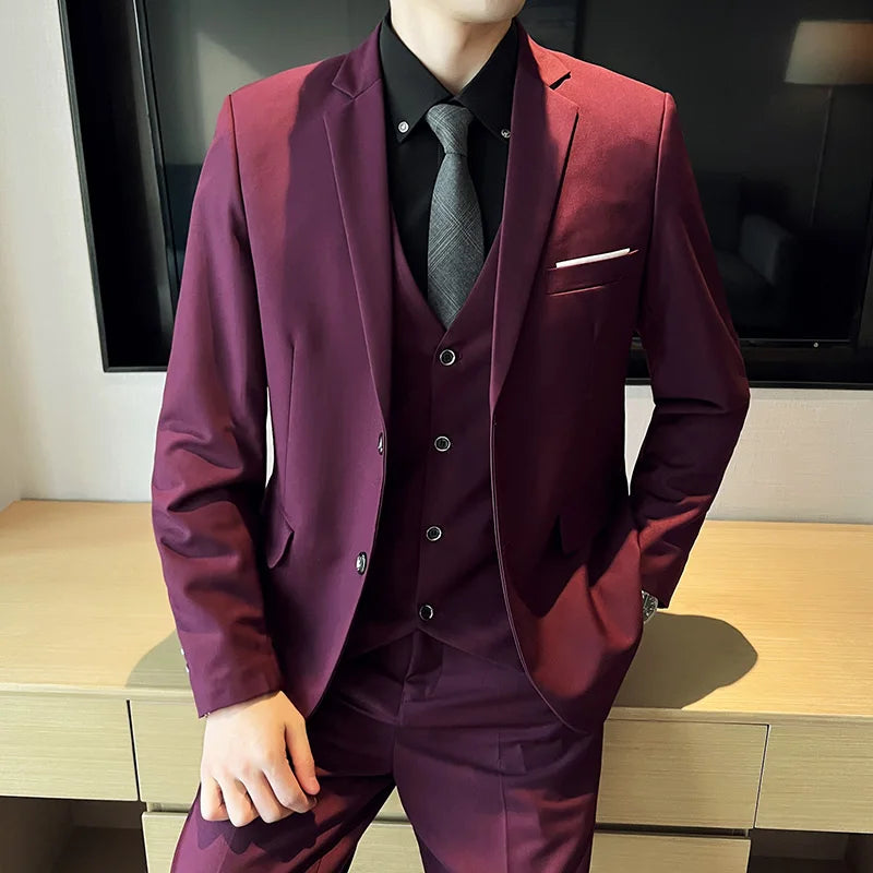 High quality fashion business casual (suit + vest + trousers) British style European and American wedding dress three-piece set