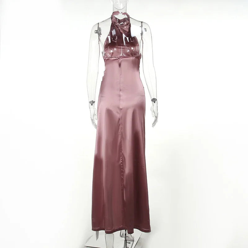 Ladies Summer Satin Evening Birthday Party Dresses Women Sleeveless Backless Halter Side Slit Elegant Long Dress Mowan Clothes