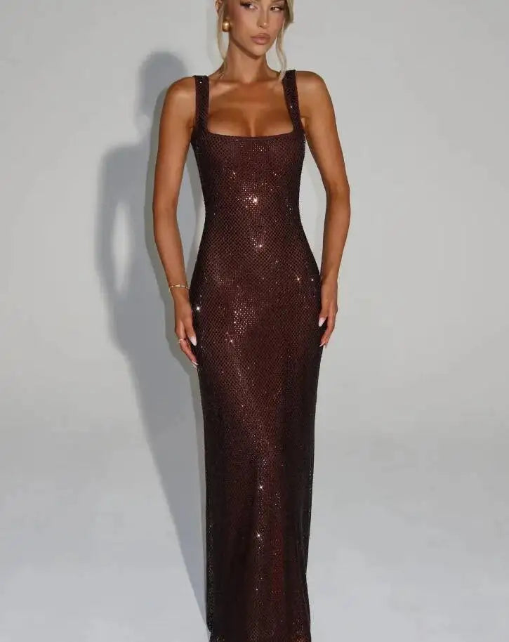 Giyu Sexy Sequined Mesh Diamond Club Evening Party Dresses Women 2025 Summer Autumn Sleeveless Backless Bodycon Maxi Long Dress