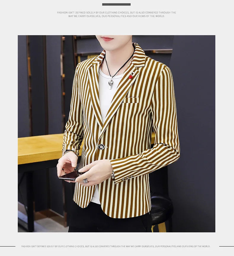 Mens Blazer Jacket 2022 New Suit Male Casual Korean Style Trendy Slim Striped Student Small Suit Jacket Hair Stylist Single Top