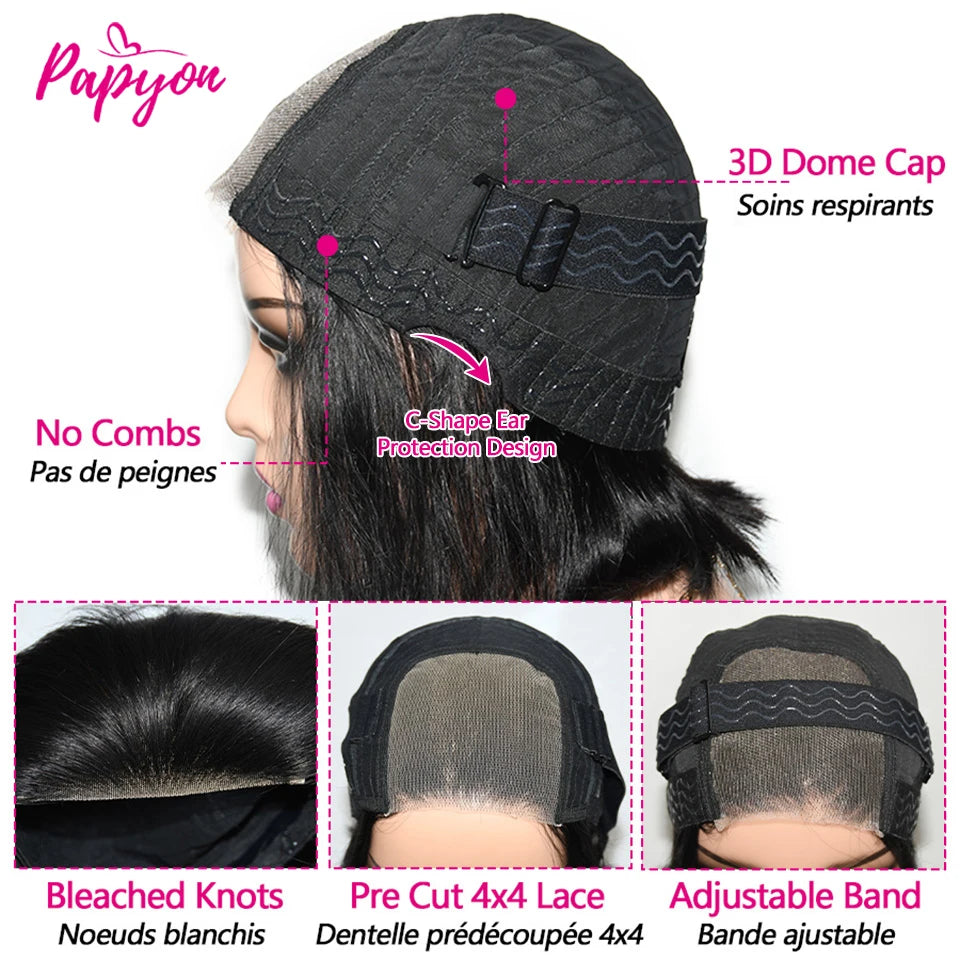 Short Straight Bob Wig, Glue-Free, Ready-to-Wear Real Hair Wig, Pre-Cut 4x4 Elastic Drawstring Upgraded Version