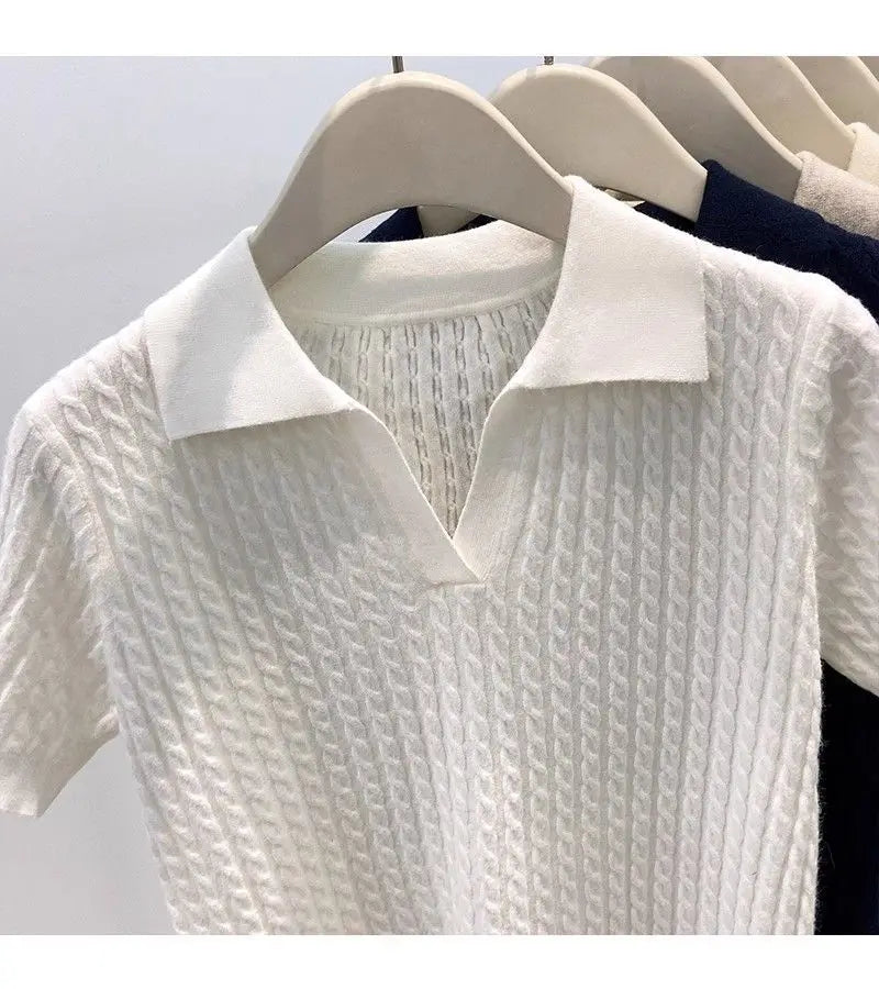 Polo Neck Knit Sweater Women Short Sleeve T-shirt High-end Slim Korean Chic High-end Tops Patchwork Women Clothing Thin Pullover