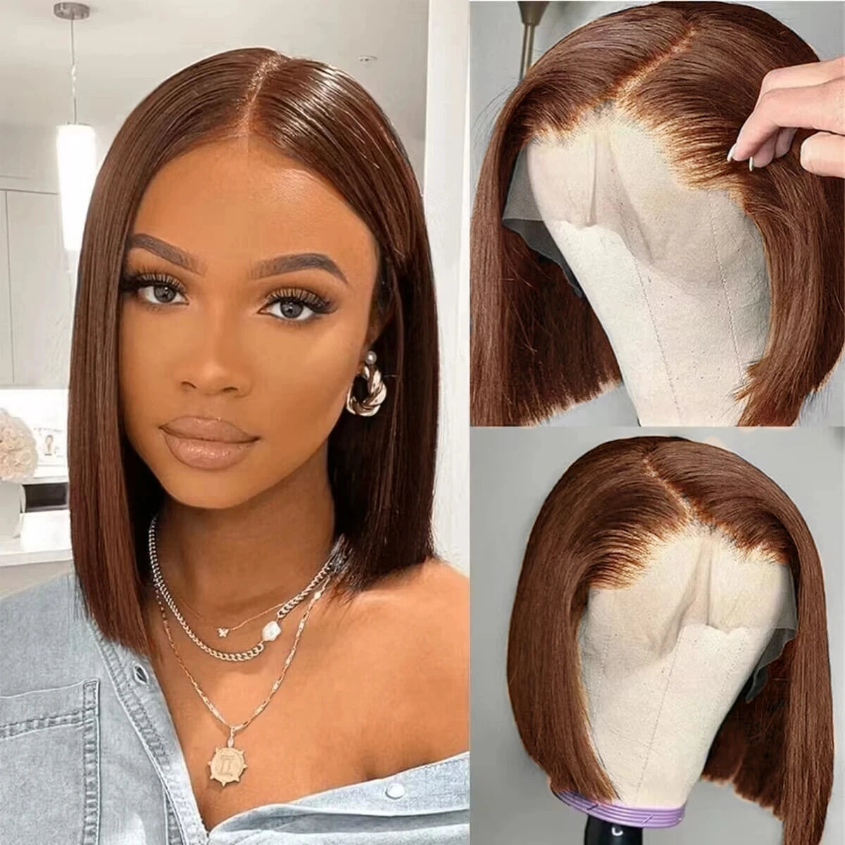 Chocolate Brown Bone Straight Short Bob Wigs 13x4 Lace Front Wigs Human Hair Brazilian Colored Human Hair Bob Wigs 180% Density