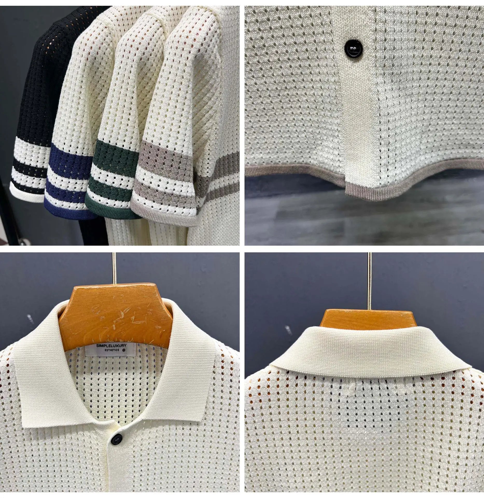 POLO Shirt Knitted Sweater Short-sleeved Men's Hollow Cardigan Striped Old Money Wind Casual T-shirt Summer Men Clothing