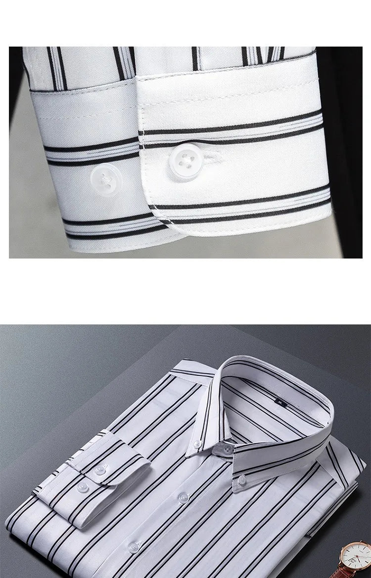 Mens Striped Shirts Korean Fashion Business Formal Wear Long Sleeve Men's Social Shirt Dress Slim Fit Elastic Office Blouse Male