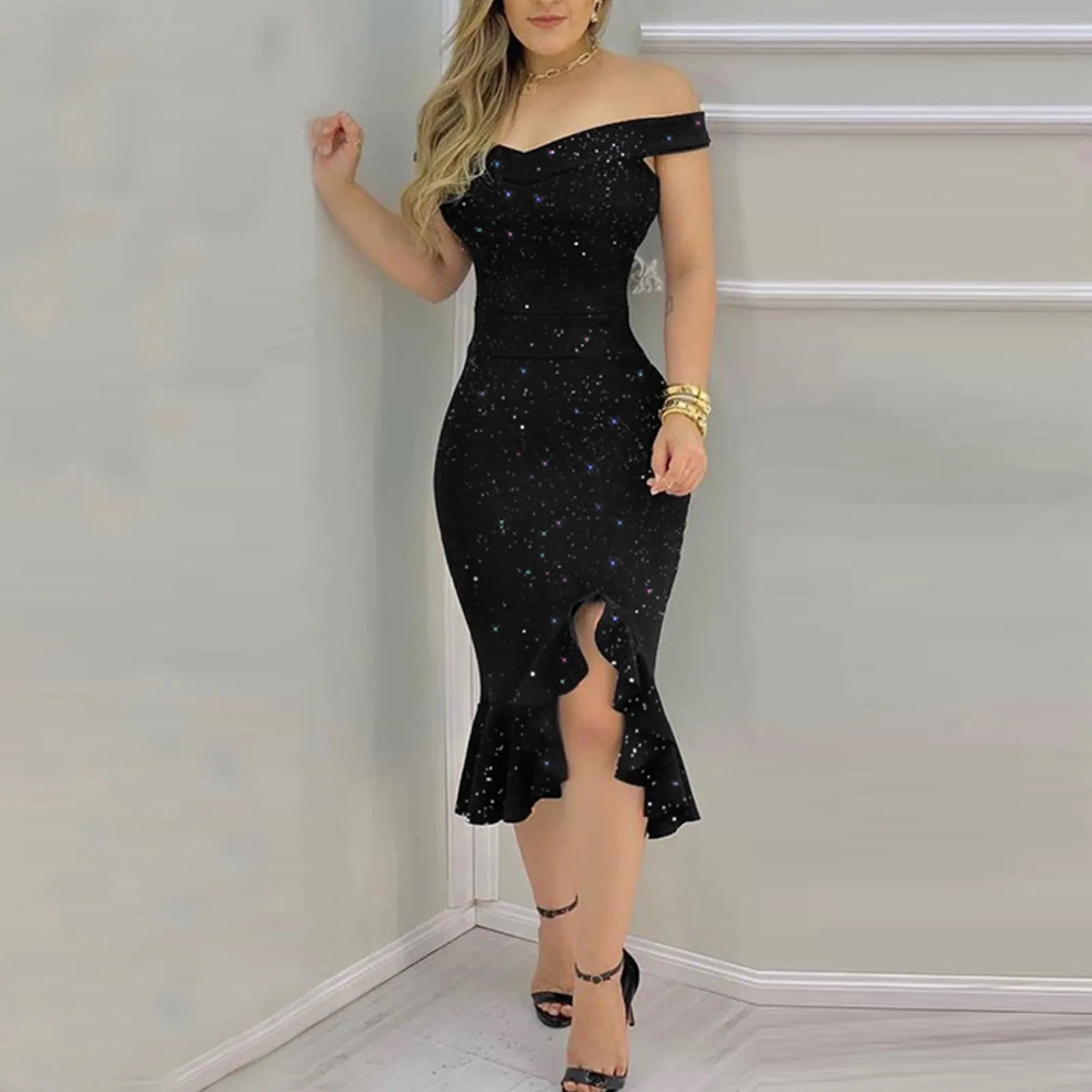 Women's Party Dress Sexy Off Shoulder Split Ruffle Solid Bodycon Knee-length Dress Fashion Glitter Party Elegant Dresses Vestido