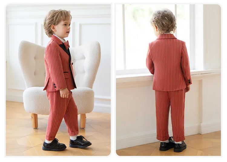Children Boys Red Luxurious Striped Suit Formal Blazer Vest Pant Boys Suits Outfits Set British Style Handsome Wedding Suit