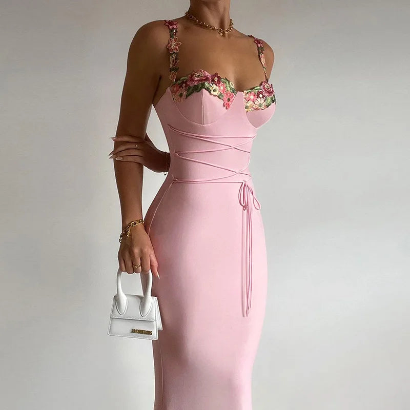 Y2K Sexy Sleeveless Backless Floral Maxi Long Dresses Outfits for Women Summer Lace Up Bandage Bodycon Party Club Dress Gift