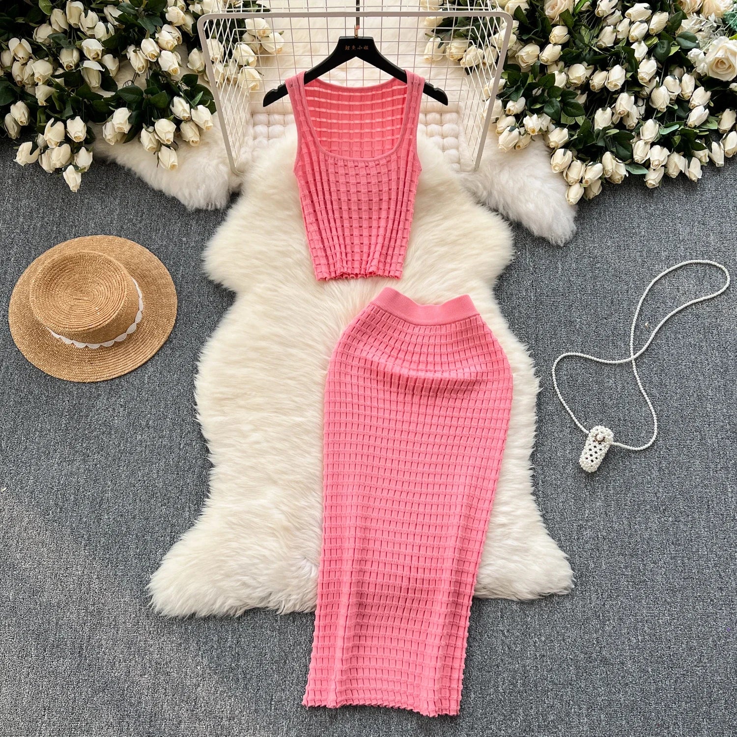 Summer Women Fashion Skirt Set Sexy Sleeveless Tank Tops High Waist Slim Long Saya Female Two Piece Suits Knit Solid Clothes