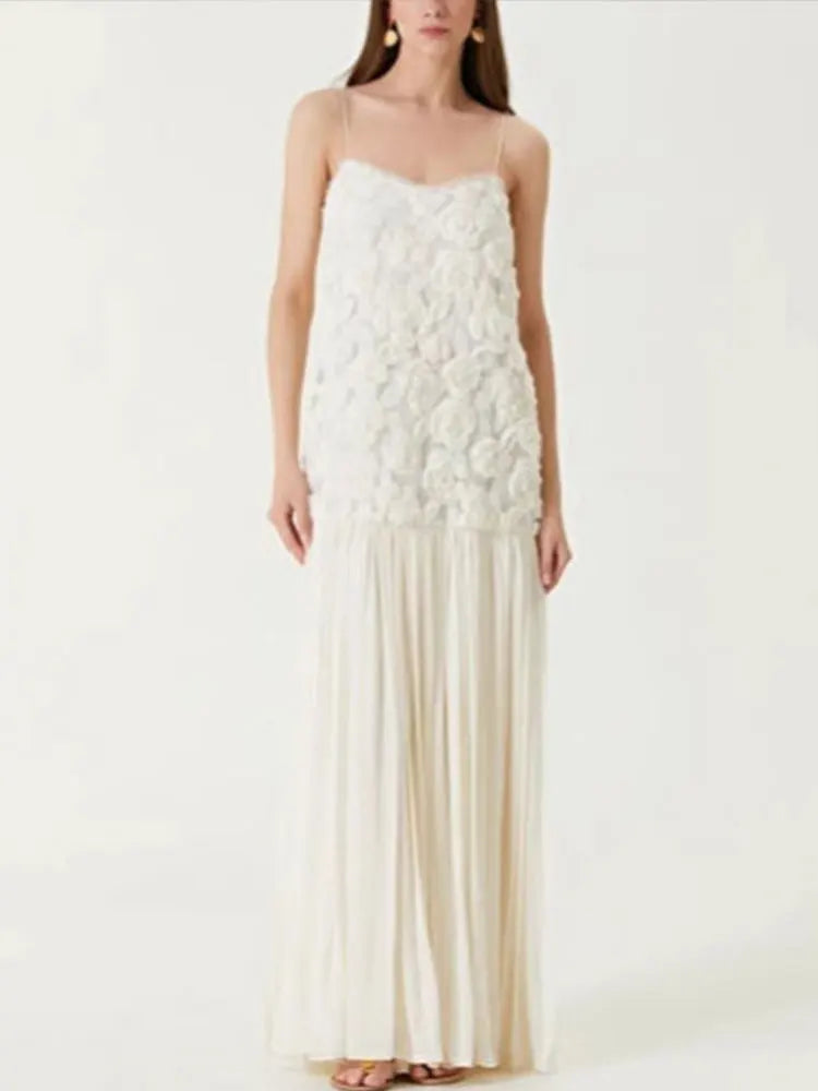 Stereo Flower Slip Dress Patchwork Chiffon Solid Color Rose Halter Robes Waist Cinching Suspender Women Pleated Long Dresses