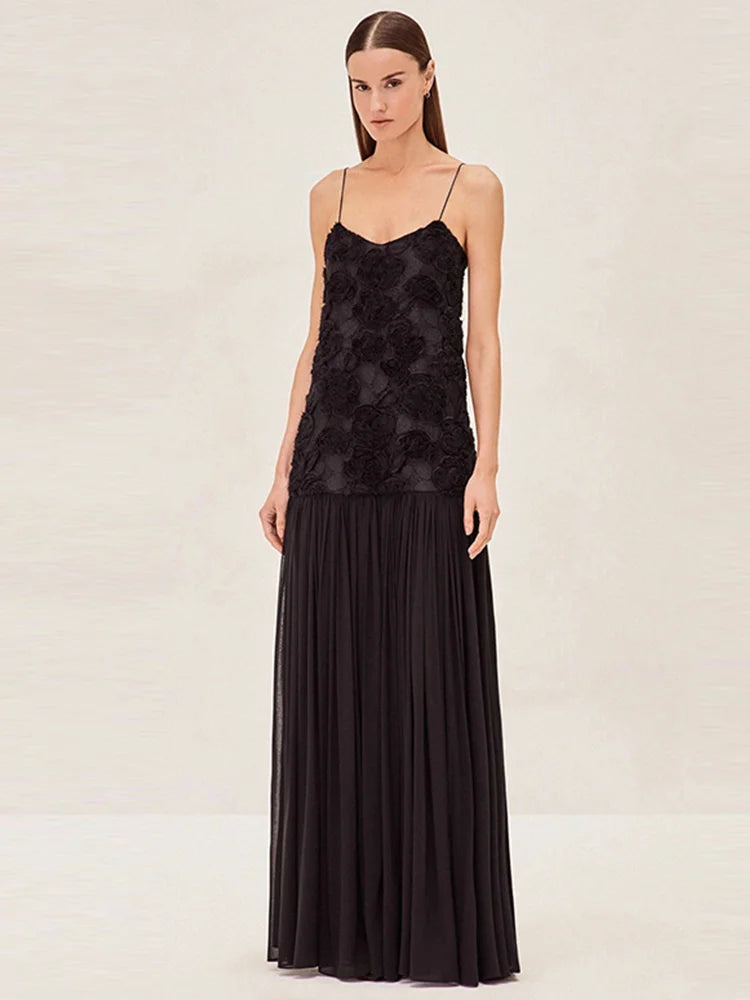 Stereo Flower Slip Dress Patchwork Chiffon Solid Color Rose Halter Robes Waist Cinching Suspender Women Pleated Long Dresses