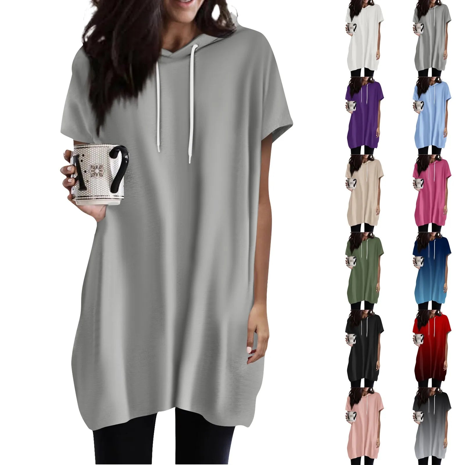 Hoodies Oversized Solid Color Daily Short Sleeve Long Shirts Fashionable Basics Minimalist Comfortable Top Or Dress With Pockets