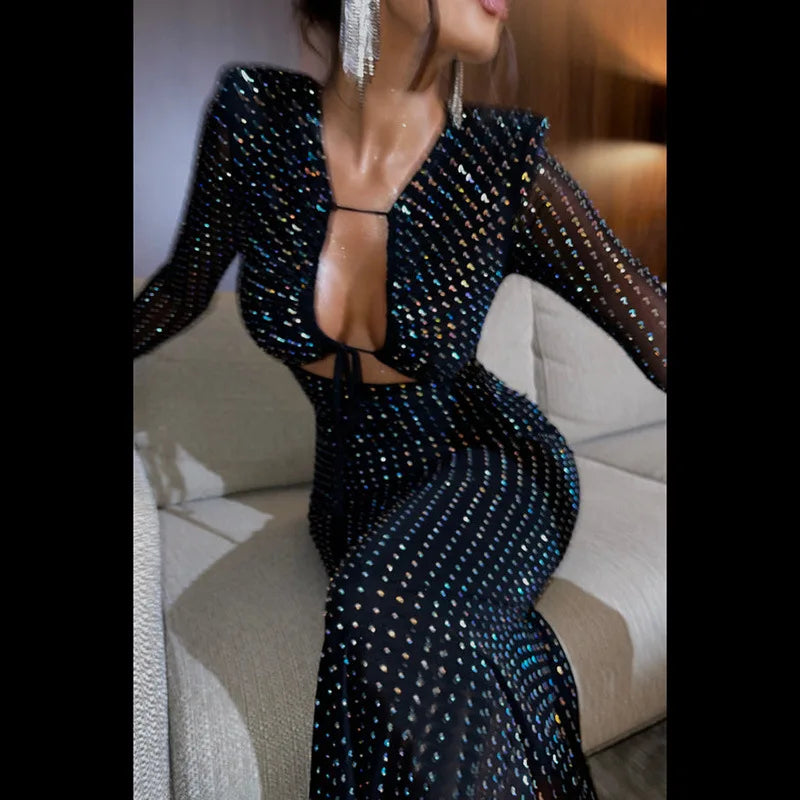 Autumn Winter Sequins Hollow Out Sexy Party Club Maxi Dress Outfits for Women Mesh Long Sleeve Lace Up Bodycon Dresses Vestido