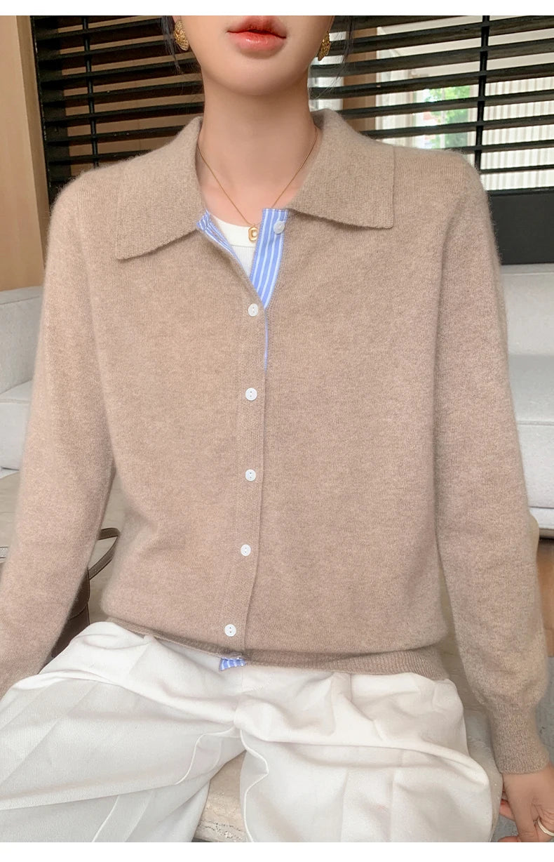 Women's Polo Collar Shirt Cardigan Merino Wool Sweater Long-sleeve Color Bar Clothing Spring Autumn Warm Knitwear Female Top