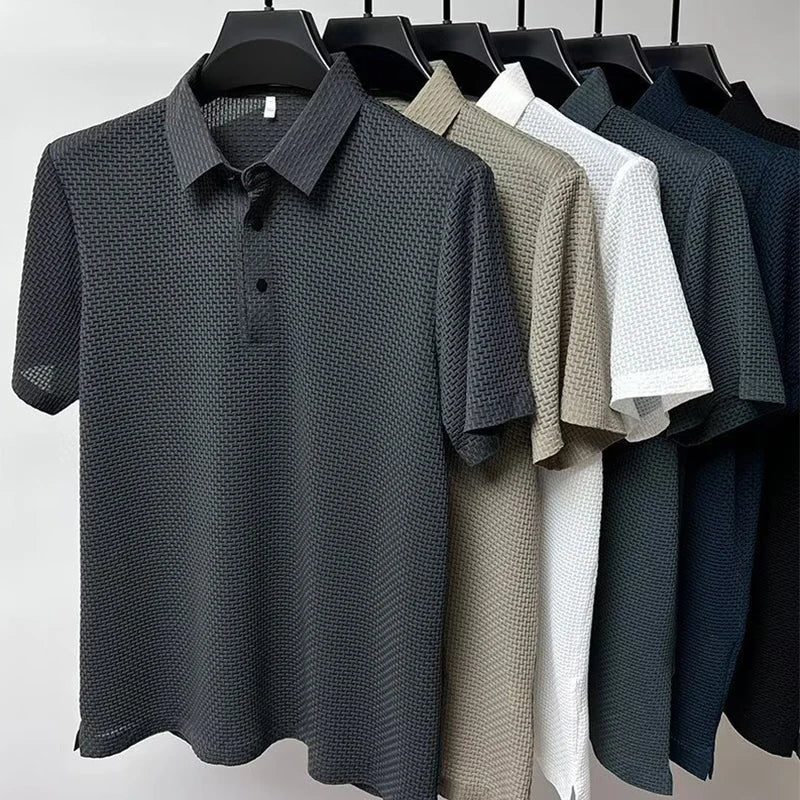 New Men's Business Casual Short Sleeved Bone Flower Solid Color POLO Shirt Fashion Breathable Comfortable Summer Versatile Top