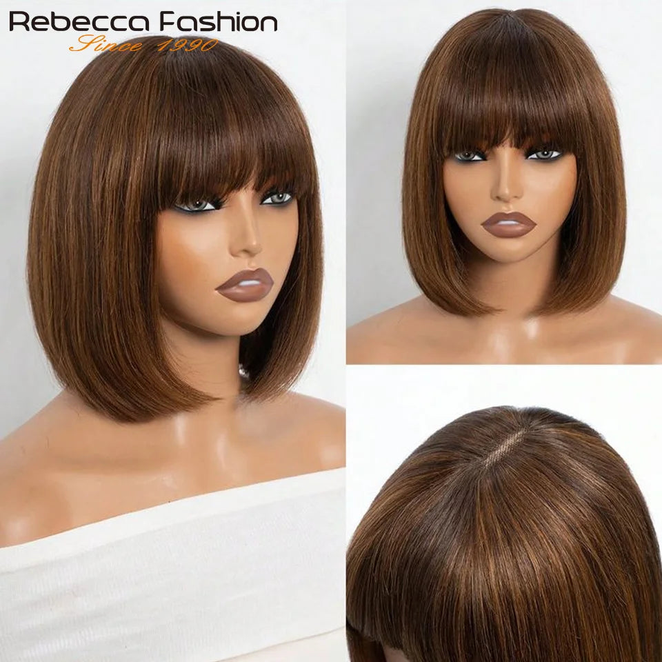Brazilian Hair Reddish Brown color#33A Short Cut Straight Bob with Bangs 100% Human Hair Bob Wigs Real Scalp Straight Bob Wig