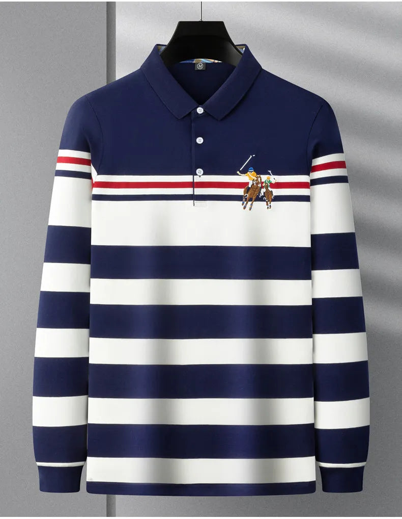 Polo Shirt Man Long Sleeve Cotton Casual Striped Polo Shirt Men Fashion Lapel Button Shirt Embroidery High Quality Breathable