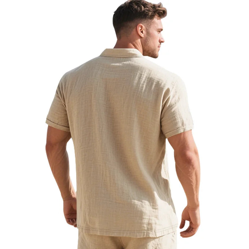 High-Quality Cotton Linen Short-Sleeved POLO Shirt Men Casual Loose Comfortable Shirt summer tees Button turn-down collar tops