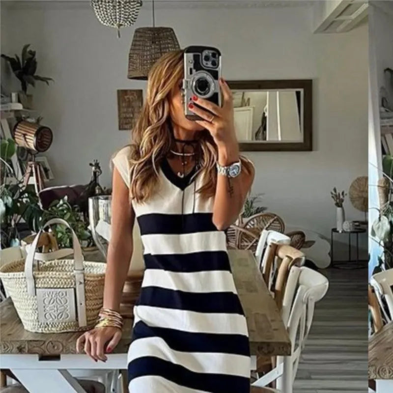 Black White Striped Pullover Dress For Women 2026 Summer New Style Striped V-neck Hem Slit Casual Loose Dress Ladies Vestidos
