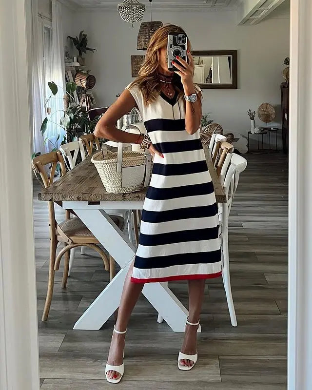 Black White Striped Pullover Dress For Women 2026 Summer New Style Striped V-neck Hem Slit Casual Loose Dress Ladies Vestidos