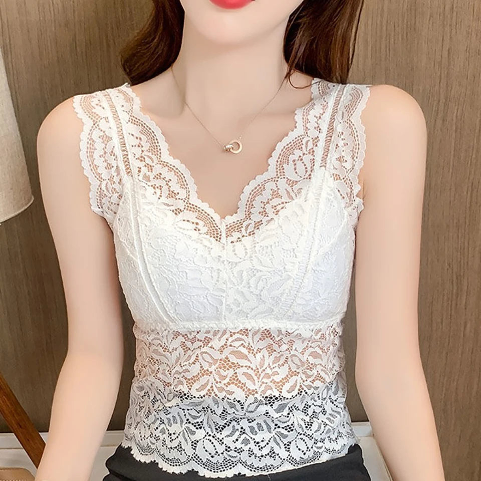 Summer Sexy Deep V Lace Vest With Breast PadsEmbroidery Floral Tank Top Wrapped Chest Camisole Padded Crop Tank Top For Women