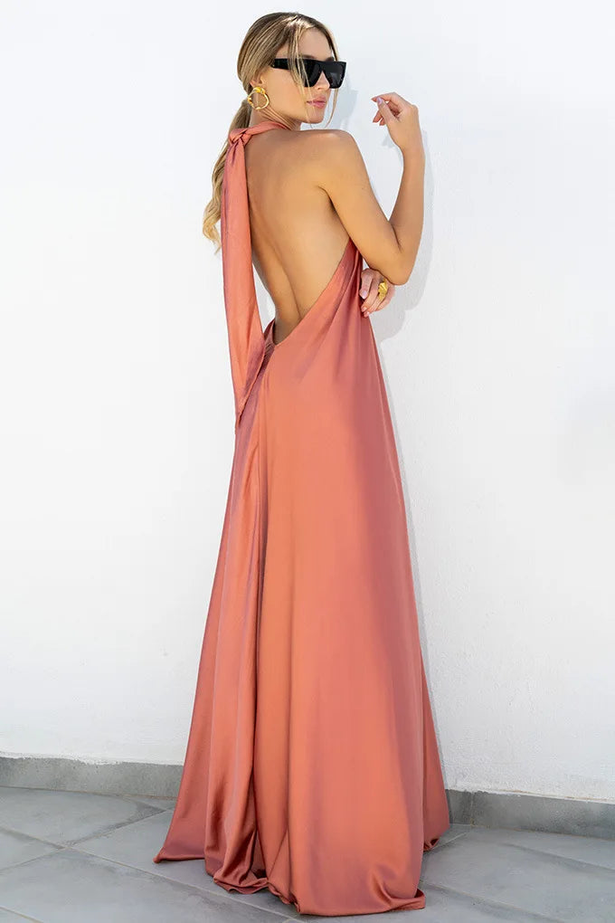 Party Dresses For Women Loose Halter Neck Leace-up Backless Sexy Satin Evening Dress A-line Summer New Fashion Elegant Vacation
