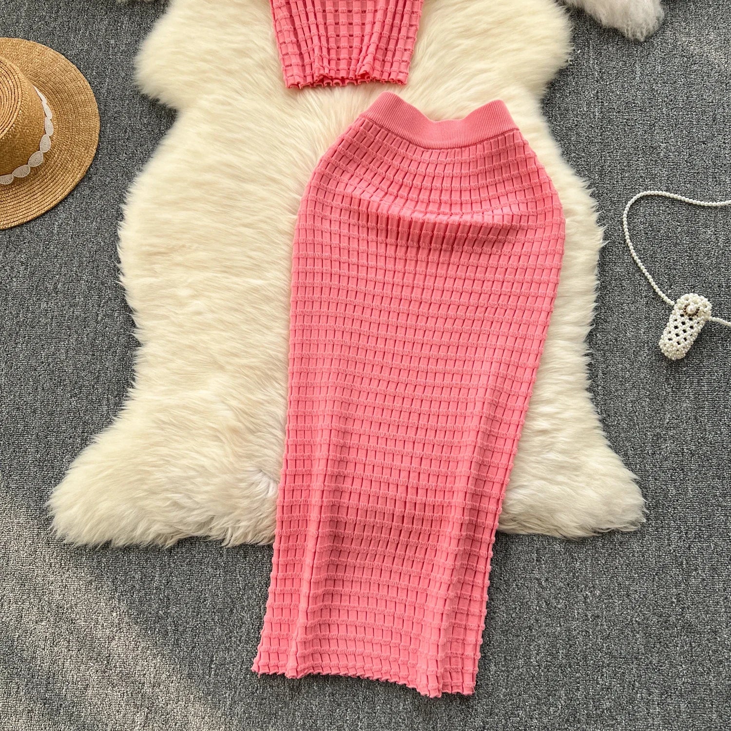 Summer Women Fashion Skirt Set Sexy Sleeveless Tank Tops High Waist Slim Long Saya Female Two Piece Suits Knit Solid Clothes