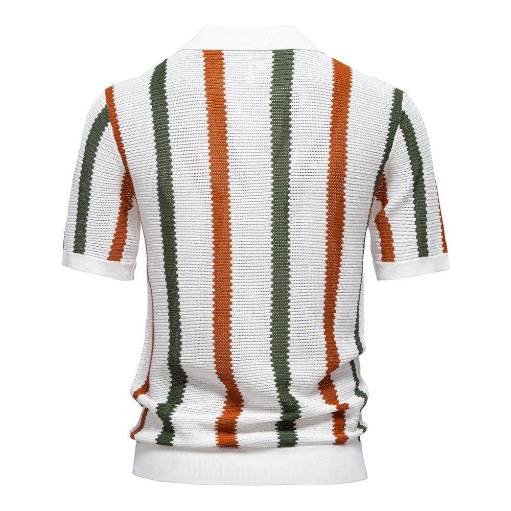 New summer men's short-sleeved striped knitted POLO shirt with hollow-out design and breathable mesh fabric.