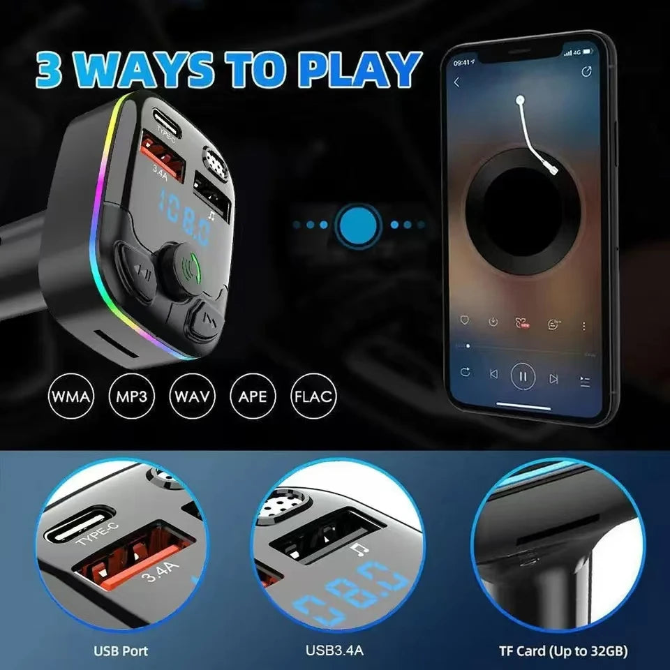Car Charger FM Transmitter Bluetooth 5.0 PD Type-C Dual USB Ambient Player Handsfree MP3 Charger Type-C Wireless Light