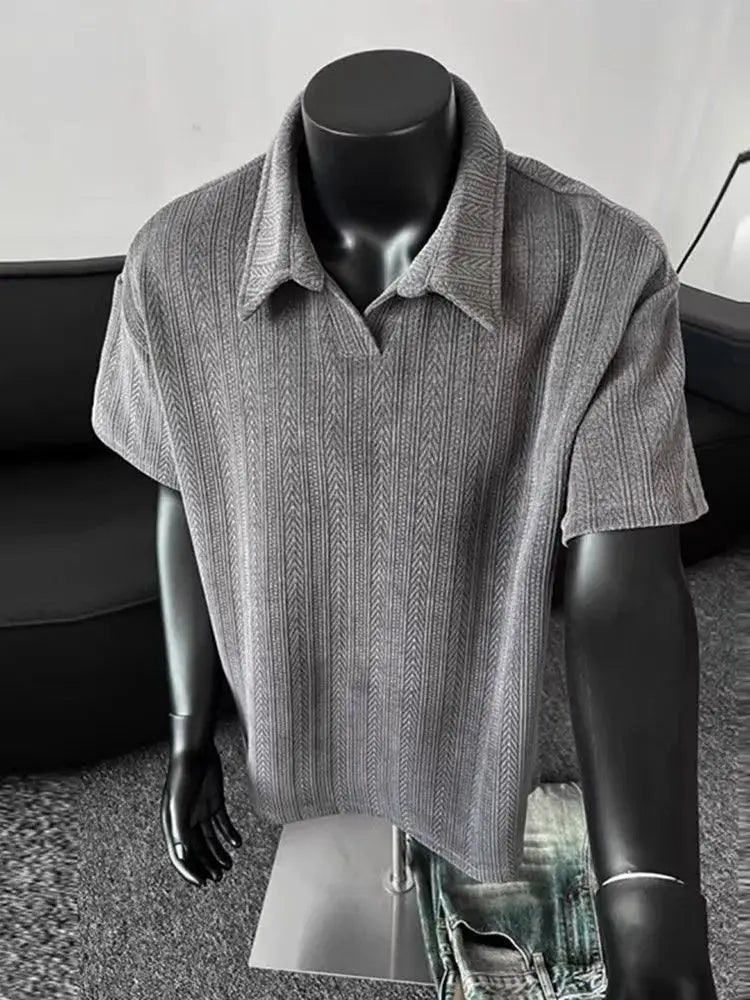 Men Short Sleeve Polo Shirt Herringbone Rib Knit Oversized Casual Top