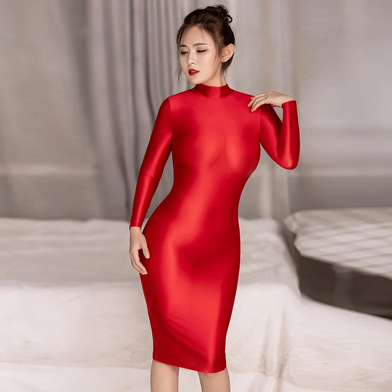 Summer Sexy Dress Women Bodycon Dress Glossy Sheer See Through Shiny Silk Smooth Tight Long Sleeves White Dress Red Plus Size