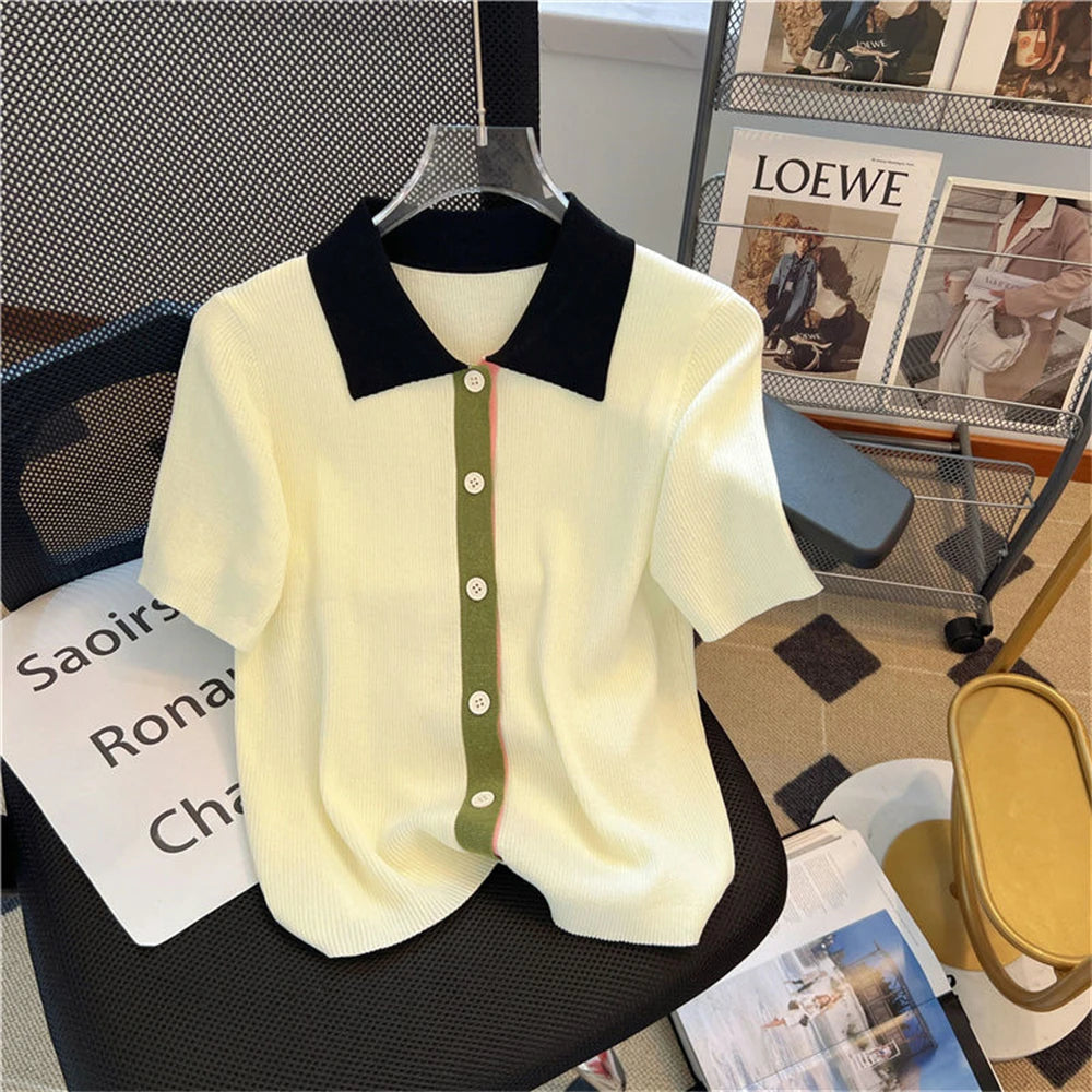 POLO collar short sleeved knitted shirt for women, summer color blocking versatile T-shirt, plus size slimming top