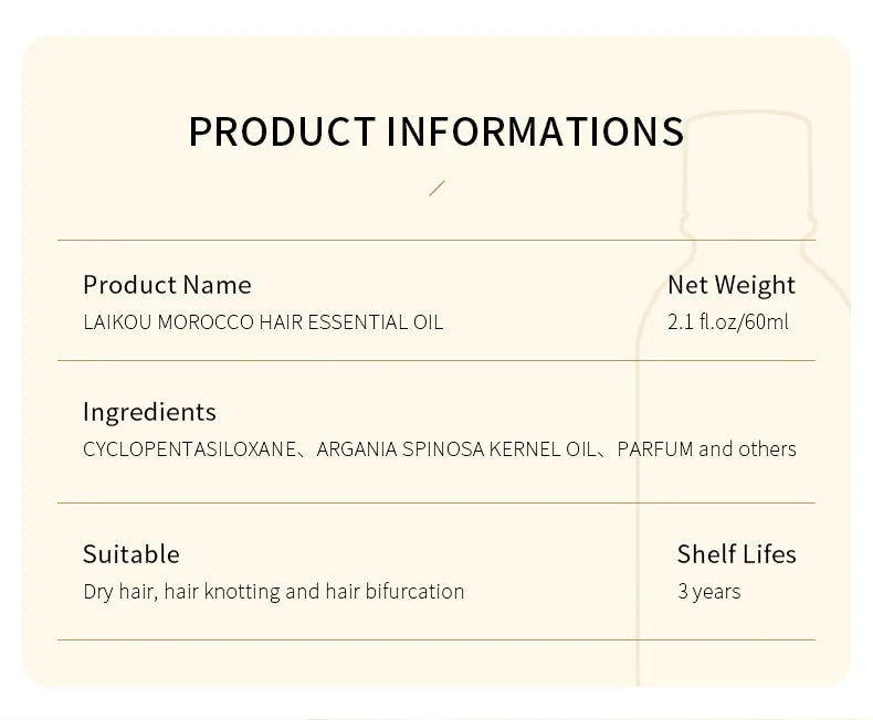 Laikou Argan Hair Oil Essential Oil Natural Anti-hair Loss Prevent Hair Dry Soft Nourishing Frizz Damaged Repair Care 60ml