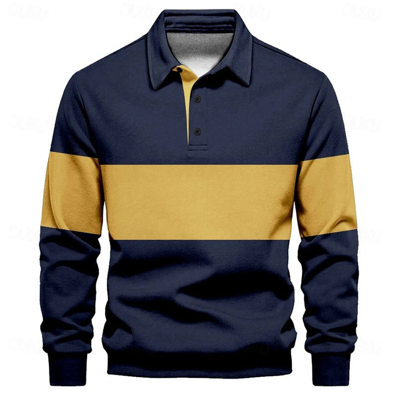 Simple Fashion Striped Polo Shirts For Men Casual Autumn Long Sleeve 3D Printed Golf Polo Shirt Loose Breathable Lapel Tops