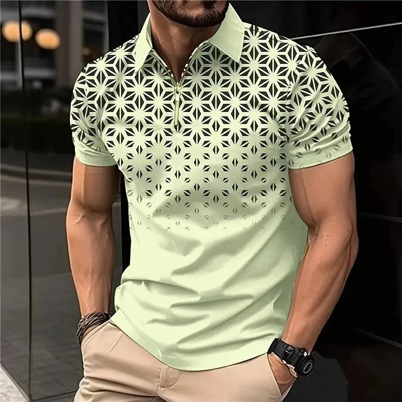 Men'S Polo Shirt Plaid Print Zip Polo T-Shirt Summer Short Sleeve Daily Casual Golf Shirt High Quality Tops Fashion Men Clothing