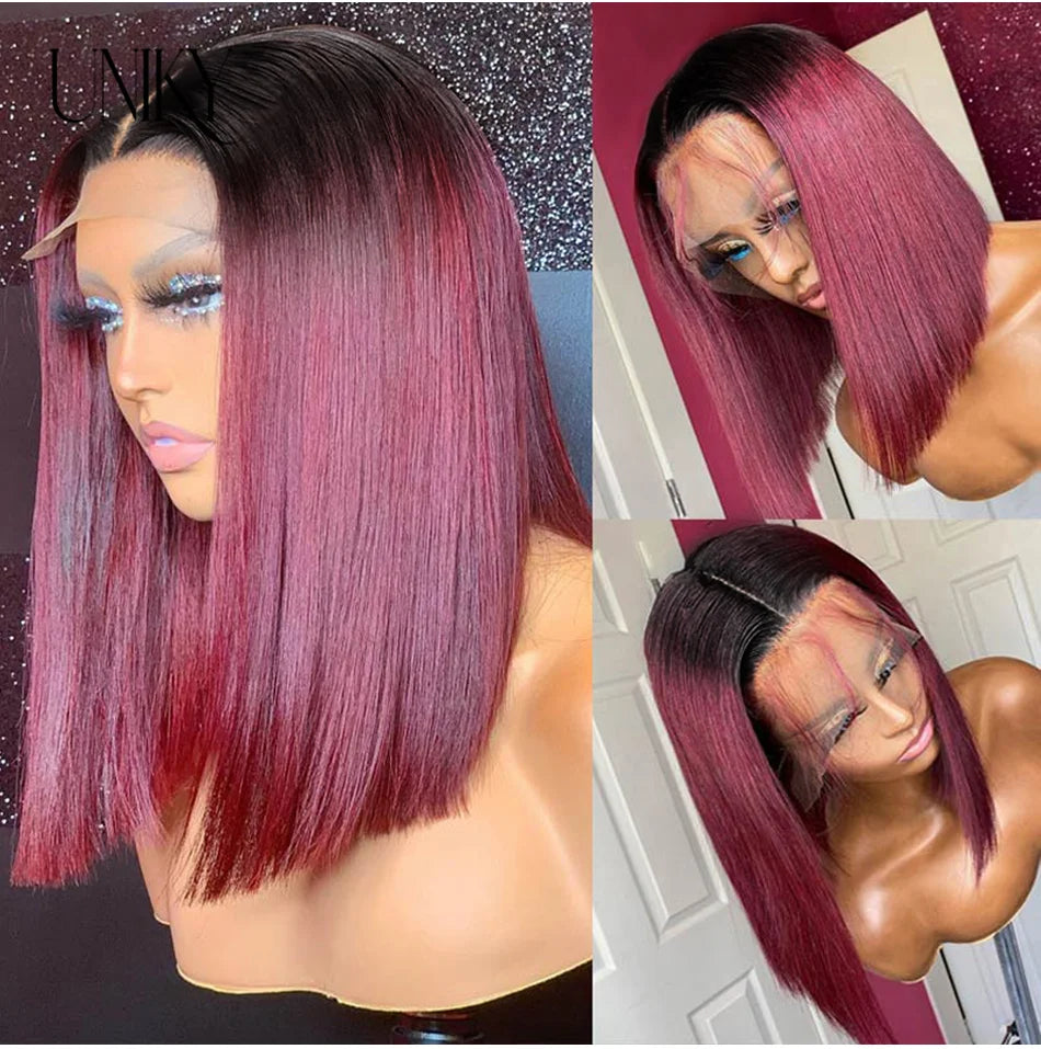 Brazilian Bone Straight Human Hair Wigs For Women 1B/99J Highlight Wig Human Hair bob Wig Straight13x4 Lace Frontal Short BobWig
