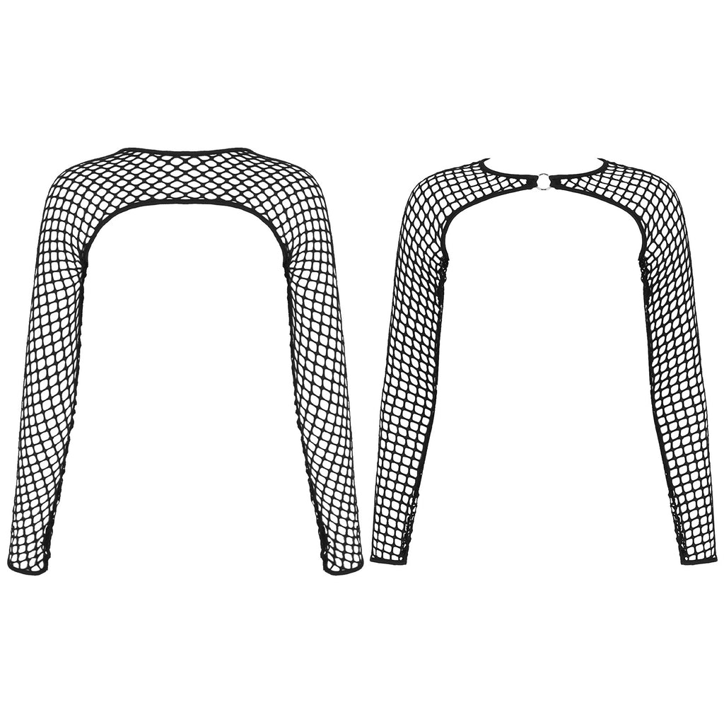 Summer Women T-Shirt Sexy Hip Hop Gothic Female Super-short O Ring Hollow Out Fishnet Long Sleeve Crop Tops Rave Party Clubwear