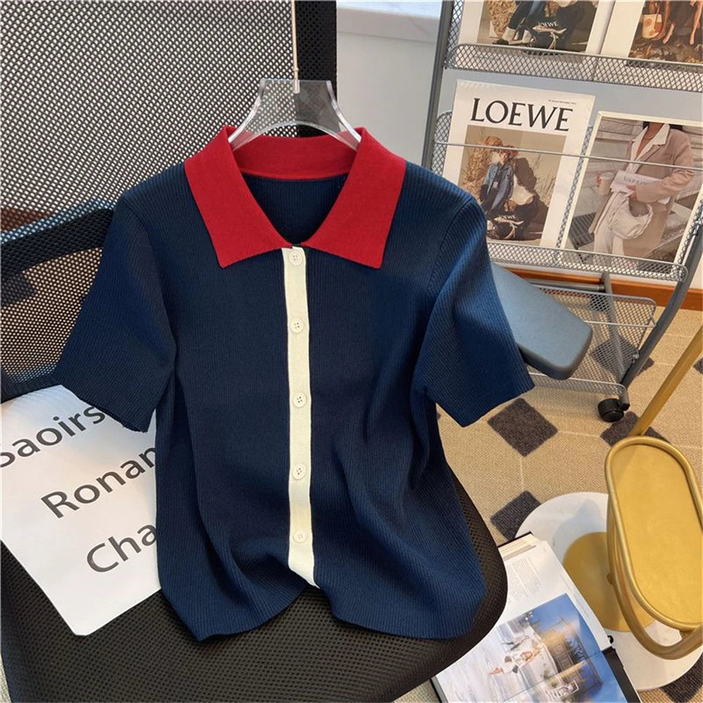 POLO collar short sleeved knitted shirt for women, summer color blocking versatile T-shirt, plus size slimming top