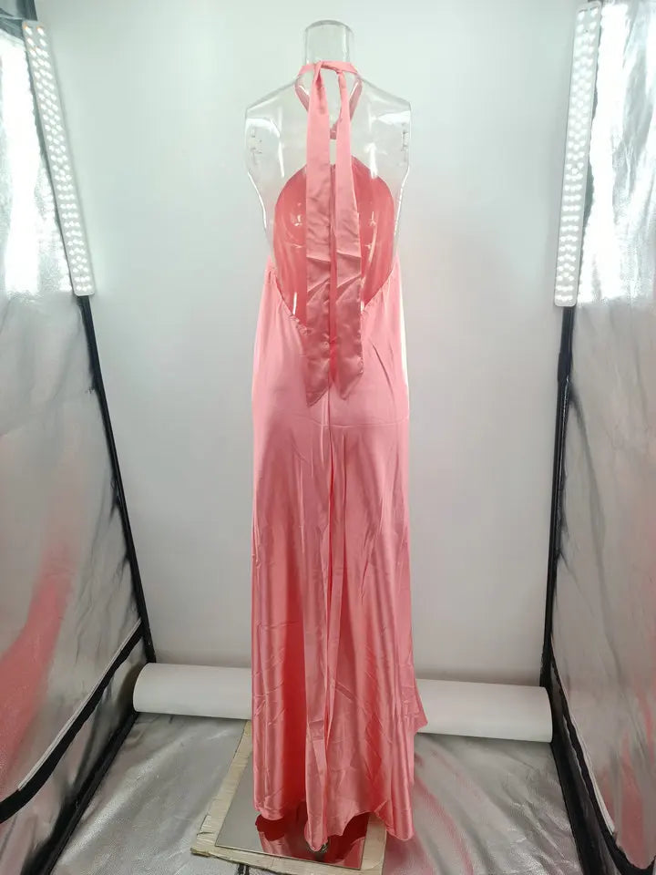Party Dresses For Women Loose Halter Neck Leace-up Backless Sexy Satin Evening Dress A-line Summer New Fashion Elegant Vacation