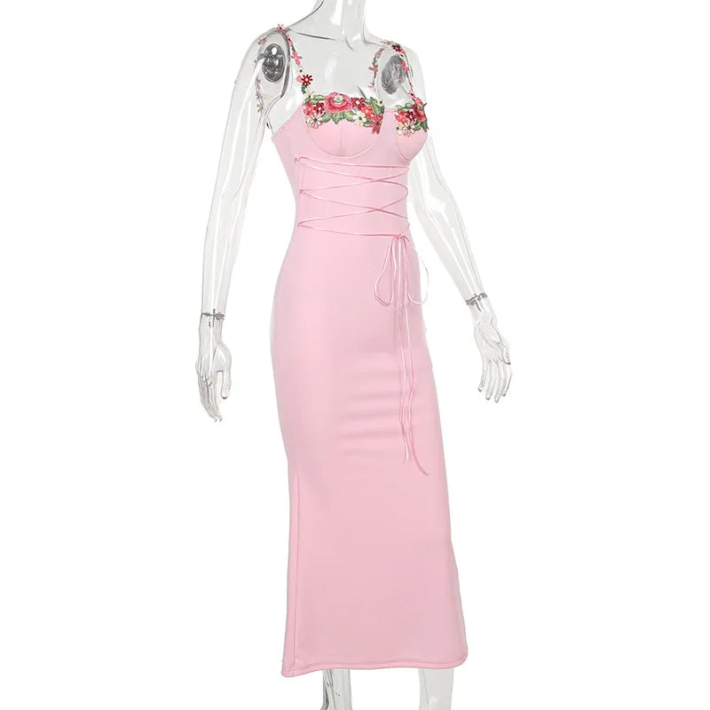 Y2K Sexy Sleeveless Backless Floral Maxi Long Dresses Outfits for Women Summer Lace Up Bandage Bodycon Party Club Dress Gift