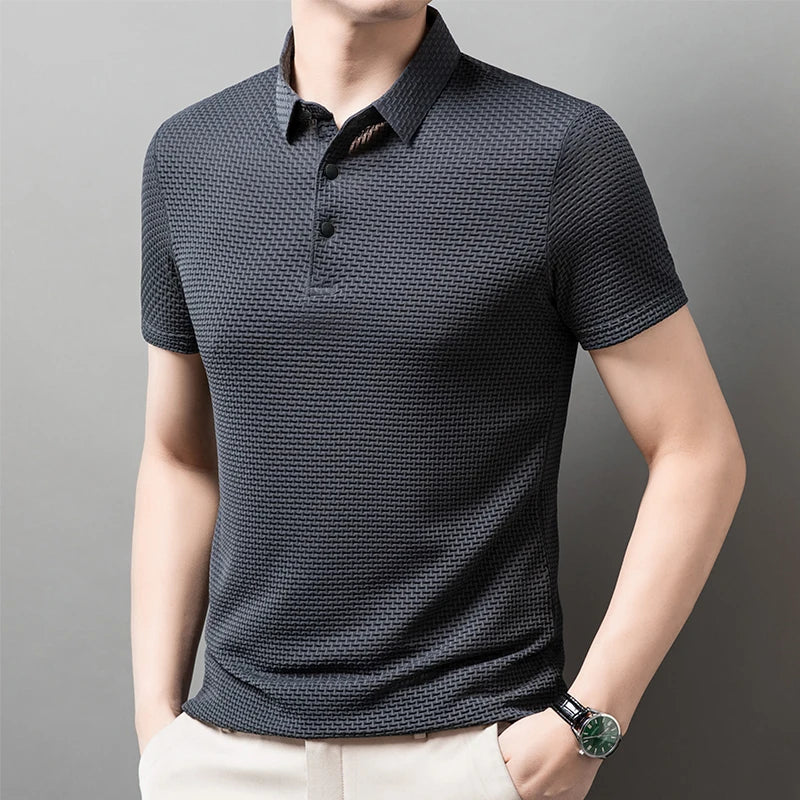 New Men's Business Casual Short Sleeved Bone Flower Solid Color POLO Shirt Fashion Breathable Comfortable Summer Versatile Top