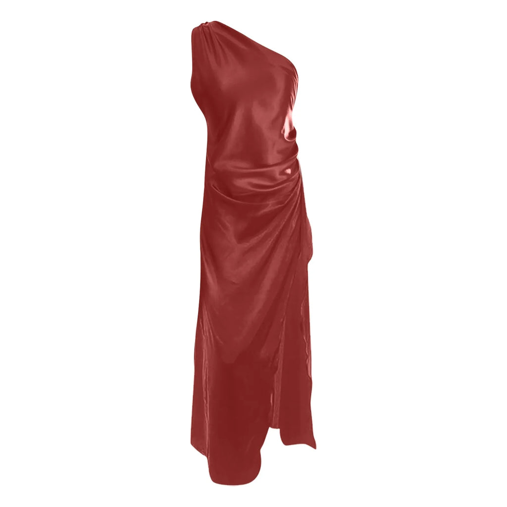 Ladies' High Split Pleated Cocktail Wedding Party Dress High-end Sexy Tight One Shoulder Satin Prom Dress Bridesmaid Clothes