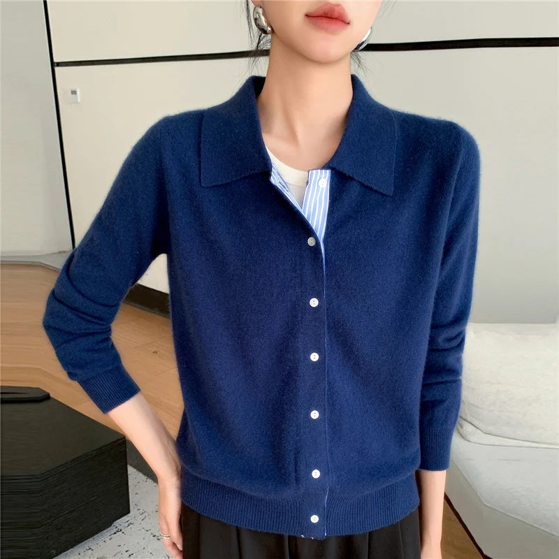 Women's Polo Collar Shirt Cardigan Merino Wool Sweater Long-sleeve Color Bar Clothing Spring Autumn Warm Knitwear Female Top