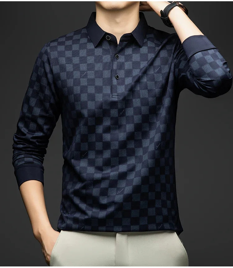 Polo Shirts for Man Autumn Business Slim Fit Long Sleeve T Shirt Men New Casual Loose Pullover Plaid Men Tops & Tees
