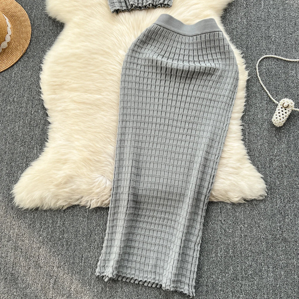 Summer Women Fashion Skirt Set Sexy Sleeveless Tank Tops High Waist Slim Long Saya Female Two Piece Suits Knit Solid Clothes