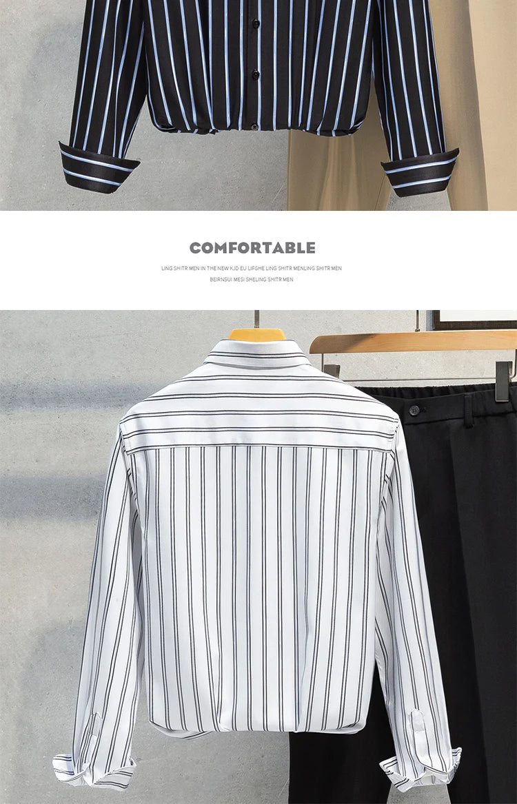 Mens Striped Shirts Korean Fashion Business Formal Wear Long Sleeve Men's Social Shirt Dress Slim Fit Elastic Office Blouse Male